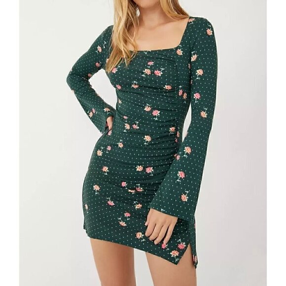 Free People Floral Green Polka Dot Mini Dress With Ruched Front & Keyhole Back, - Picture 2 of 11